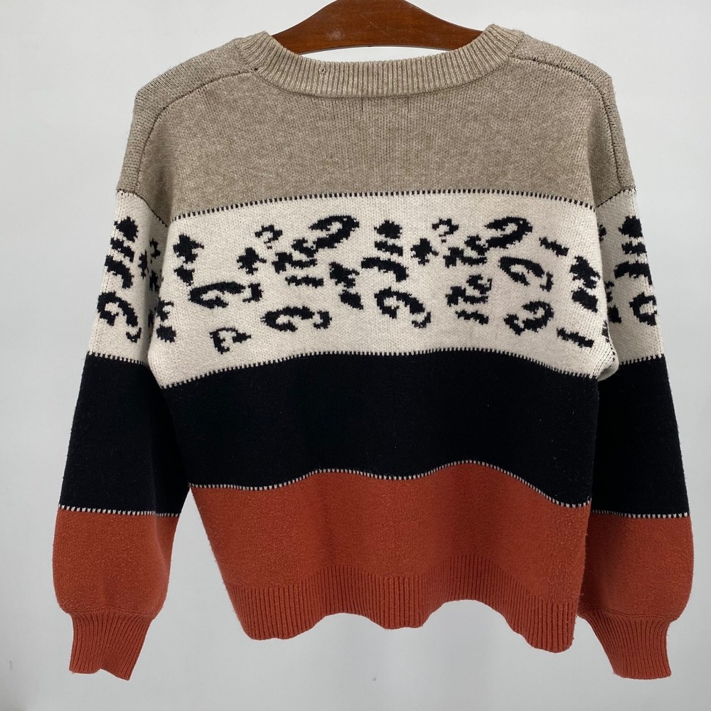 NAF NAF‎ Paris Women's L Pullover Sweater Black Brown Color Block Leopard Print